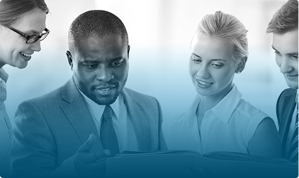 Team members smiling during a business session